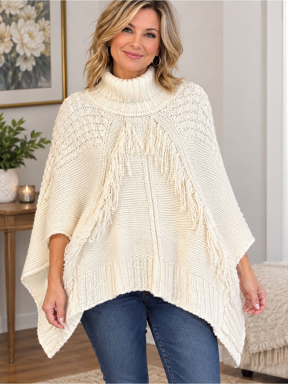 Dkny Cream Cable-Knit Turtleneck Fringe Poncho